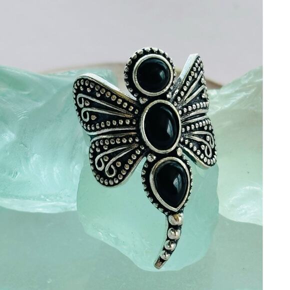 925 Sterling Black Onyx Dragonfly Ring - Picture 3 of 6